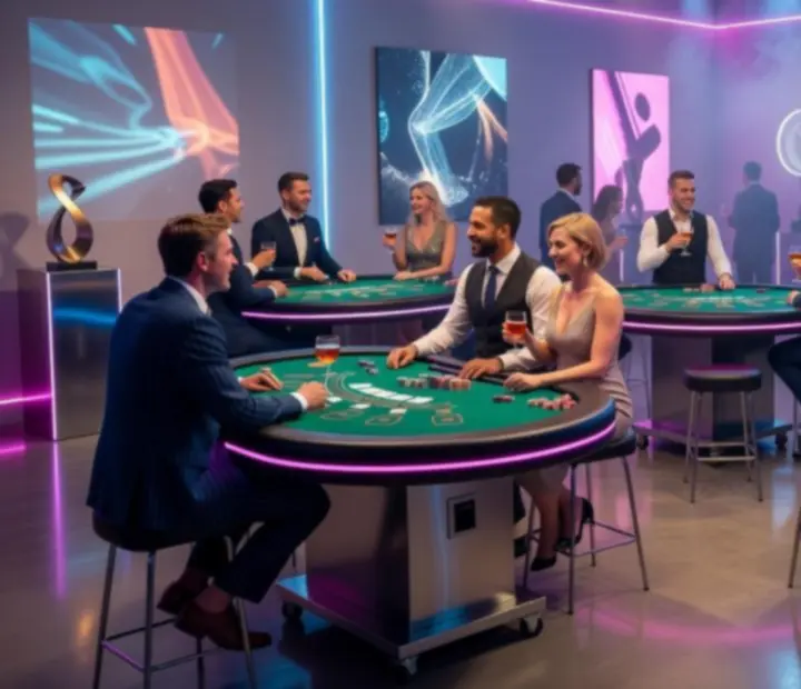 Scena z mobilnym stołem blackjack podczas eleganckiego wydarzenia biznesowego