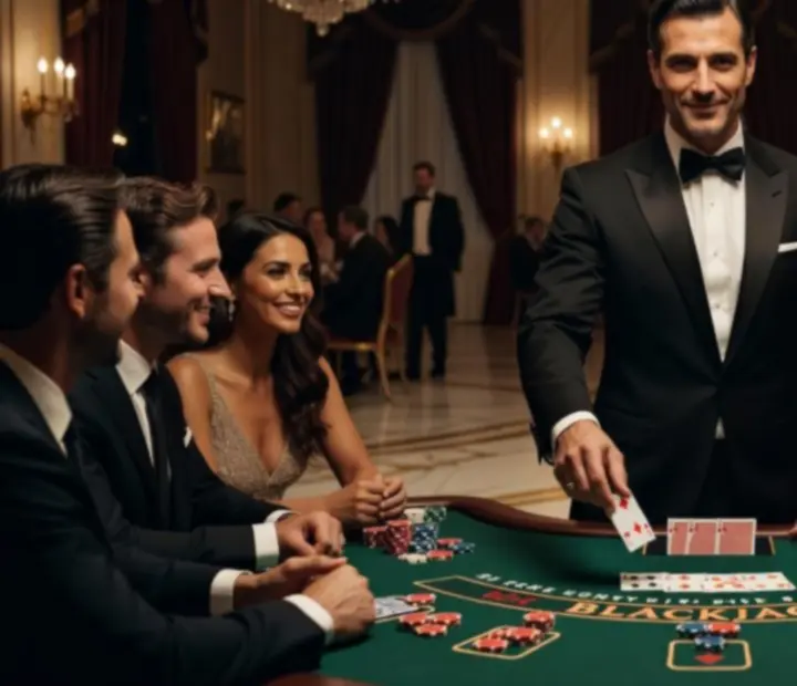 Profesjonalny krupier prowadzący rozgrywkę blackjack dla gości eventu