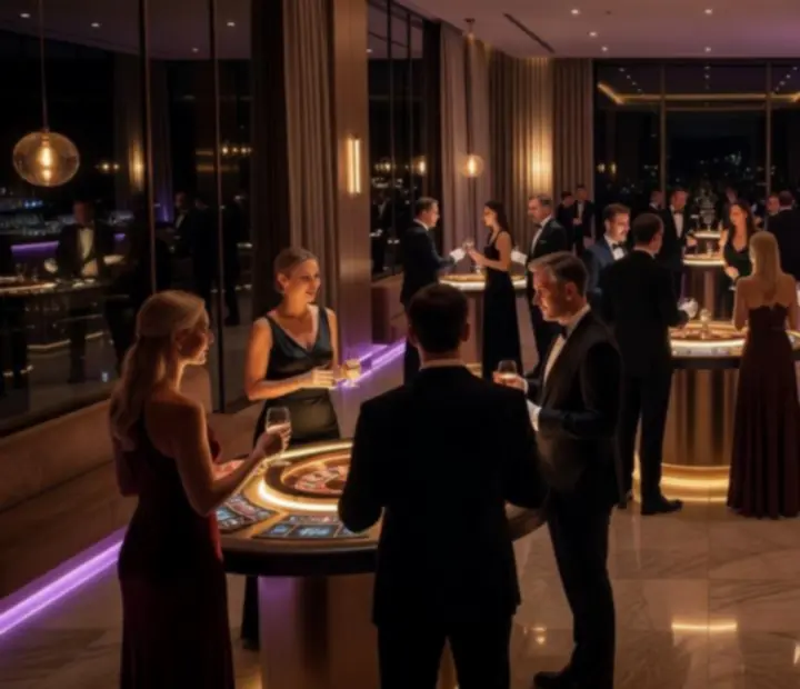 Wieczorny event firmowy z eleganckimi stołami do gier i oświetleniem w stylu premium