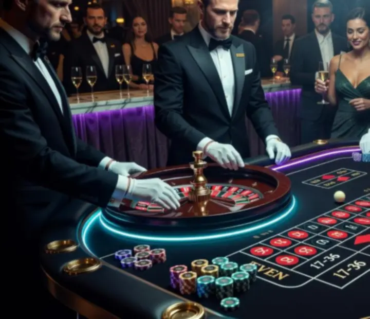 Goście bawiący się przy eleganckim stole ruletki w klimacie luksusowego wieczoru