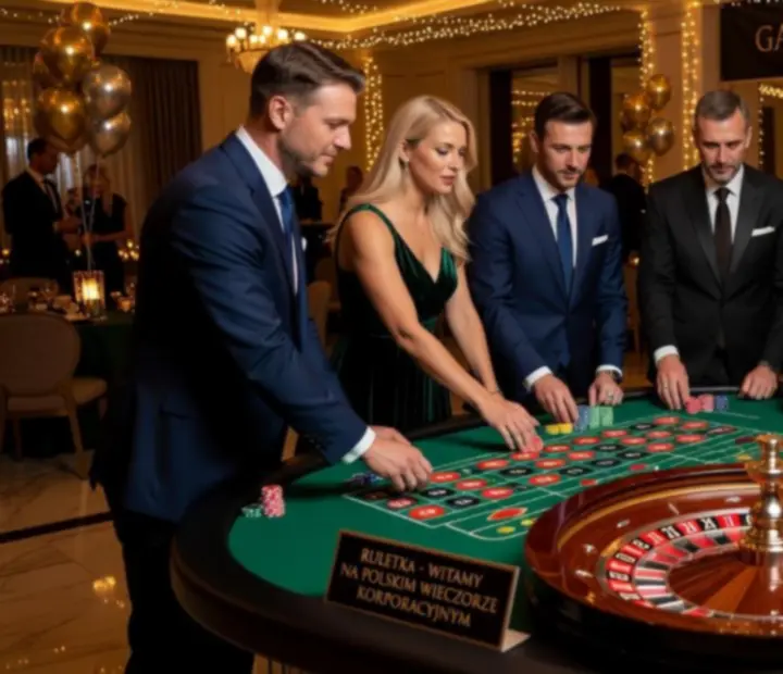Goście i prowadzący przy eleganckim stole ruletki podczas eventu
