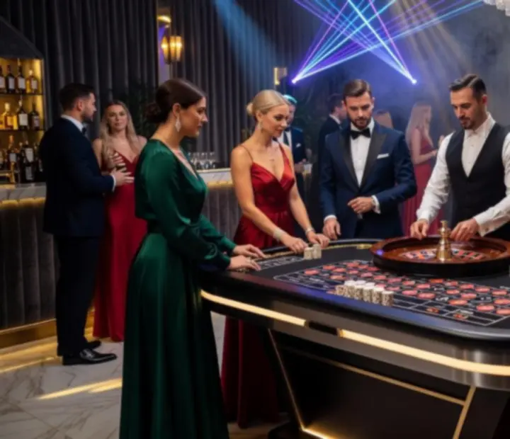 Mobilna ruletka w eleganckiej oprawie świetlnej podczas wieczornego eventu